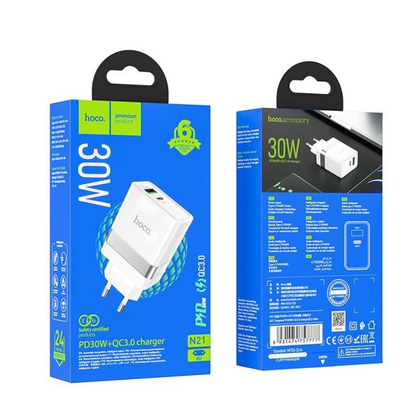 HOCO Type-C + USB QC3.0 Power Delivery 30W Starter N21 fehér HOCO utazási töltő