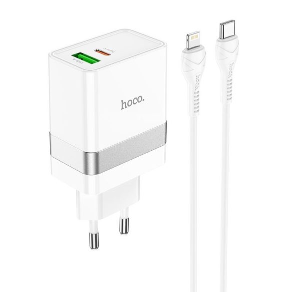 HOCO Type-C + USB QC3.0 típusú utazó töltő kábel iPhone Lightning 8-pin Power Delivery 30W Starter N21 fehér