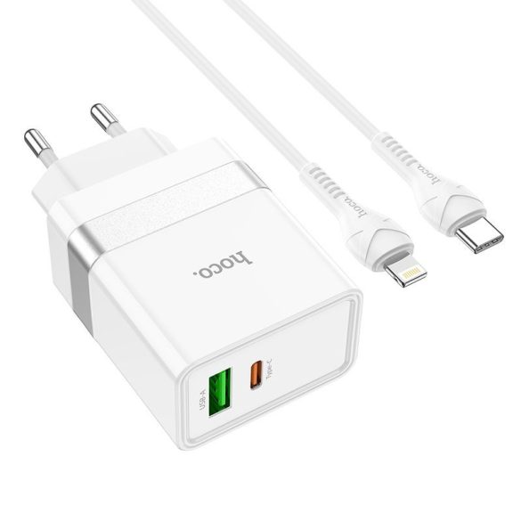 HOCO Type-C + USB QC3.0 típusú utazó töltő kábel iPhone Lightning 8-pin Power Delivery 30W Starter N21 fehér