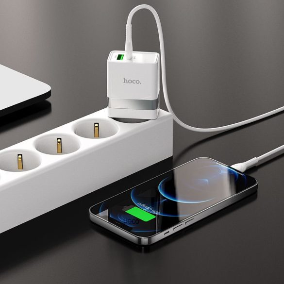 HOCO Type-C + USB QC3.0 típusú utazó töltő kábel iPhone Lightning 8-pin Power Delivery 30W Starter N21 fehér