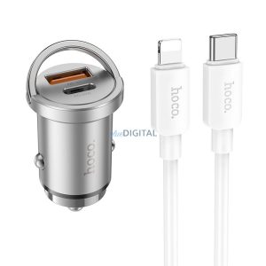 HOCO autós töltő 2 x USB QC3.0 18W + Type-C PD 45W kábel CiPhone Lightning 8-tűs Handy NZ10 ezüst