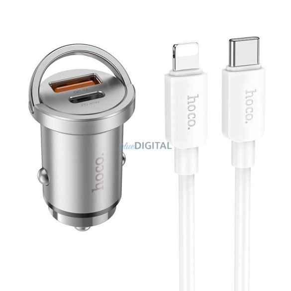 HOCO autós töltő 2 x USB QC3.0 18W + Type-C PD 45W kábel CiPhone Lightning 8-tűs Handy NZ10 ezüst