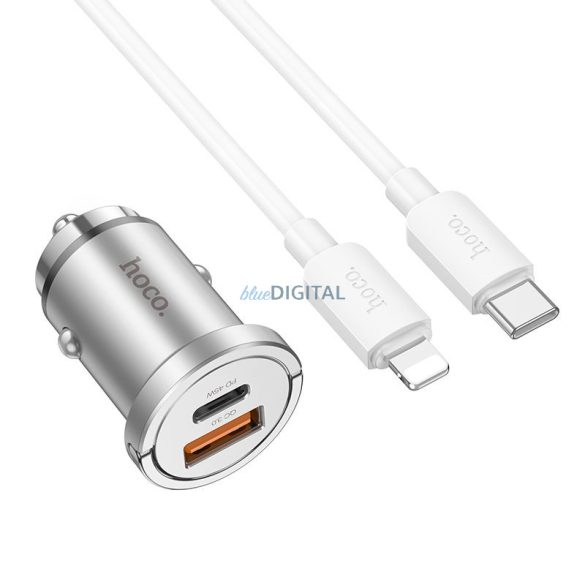 HOCO autós töltő 2 x USB QC3.0 18W + Type-C PD 45W kábel CiPhone Lightning 8-tűs Handy NZ10 ezüst