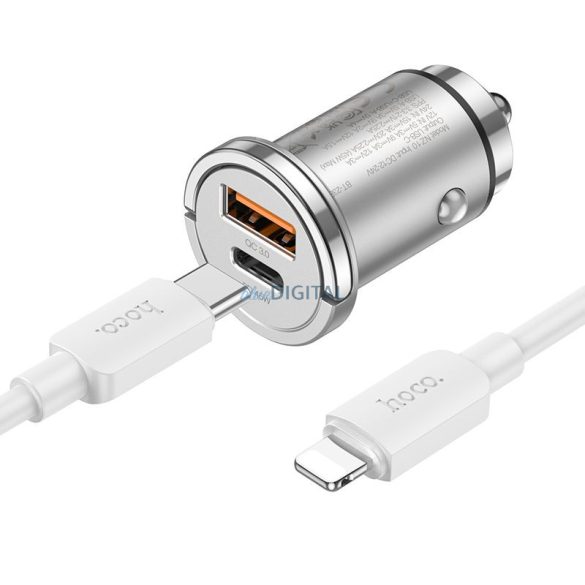 HOCO autós töltő 2 x USB QC3.0 18W + Type-C PD 45W kábel CiPhone Lightning 8-tűs Handy NZ10 ezüst