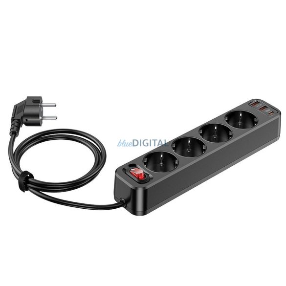 HOCOPower Strip 4 bites hosszabbító kábel aljzat + 2 x USB QC3.0 18W + Type-C PD 20W Aura NS1 fekete