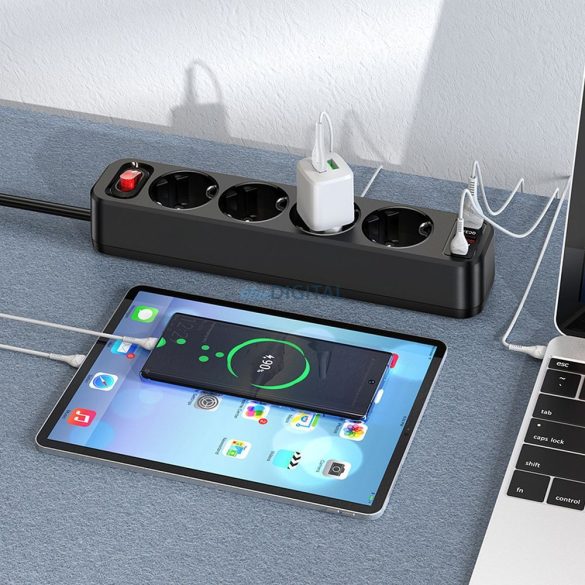 HOCOPower Strip 4 bites hosszabbító kábel aljzat + 2 x USB QC3.0 18W + Type-C PD 20W Aura NS1 fekete