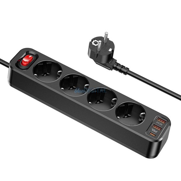 HOCOPower Strip 4 bites hosszabbító kábel aljzat + 2 x USB QC3.0 18W + Type-C PD 20W Aura NS1 fekete