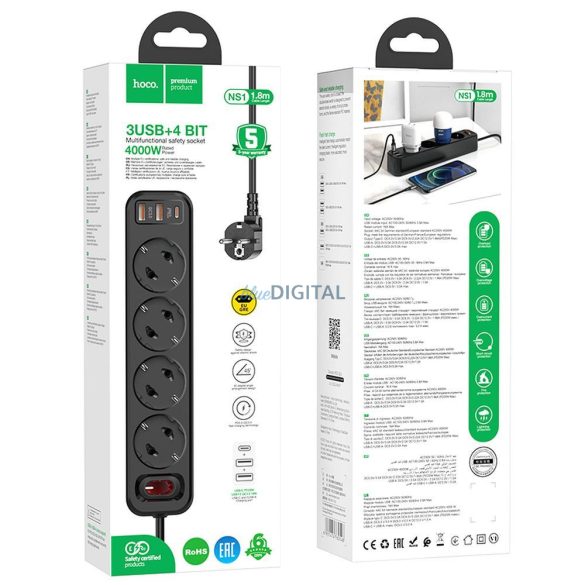 HOCOPower Strip 4 bites hosszabbító kábel aljzat + 2 x USB QC3.0 18W + Type-C PD 20W Aura NS1 fekete