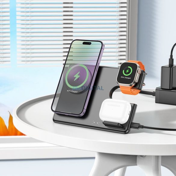 HOCO vezeték nélküli töltő 3 az 1-ben 15W támogatás Apple Watch töltés Geek összecsukható CQ1 fekete