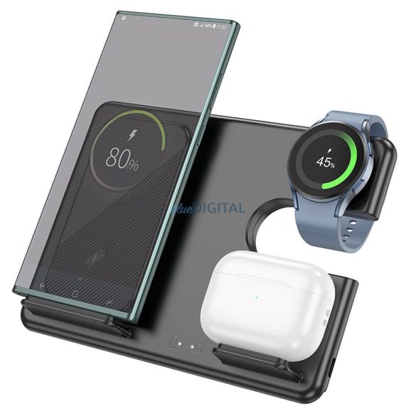 HOCO vezeték nélküli töltő 3 az 1-ben 15W támogatás Samsung Watch töltés Geek Folding CQ2 fekete