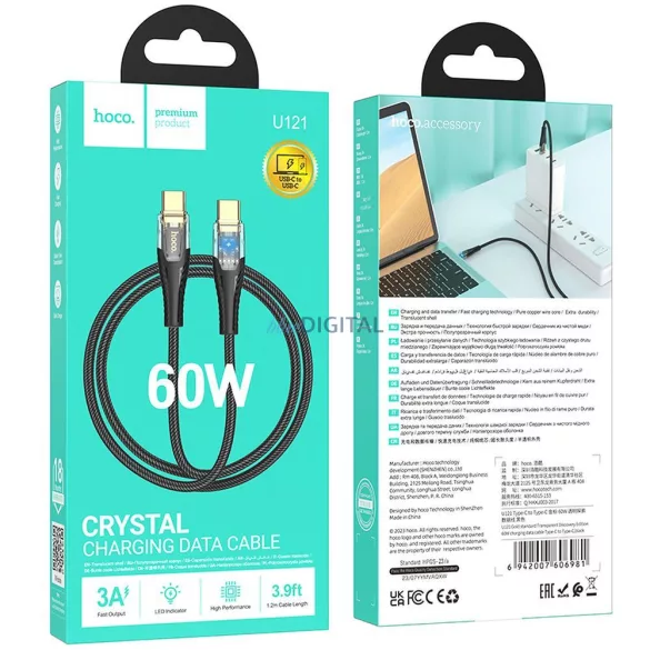 HOCO C típusú kábel C típusú kábelre 3A 60W U121 1,2 m fekete