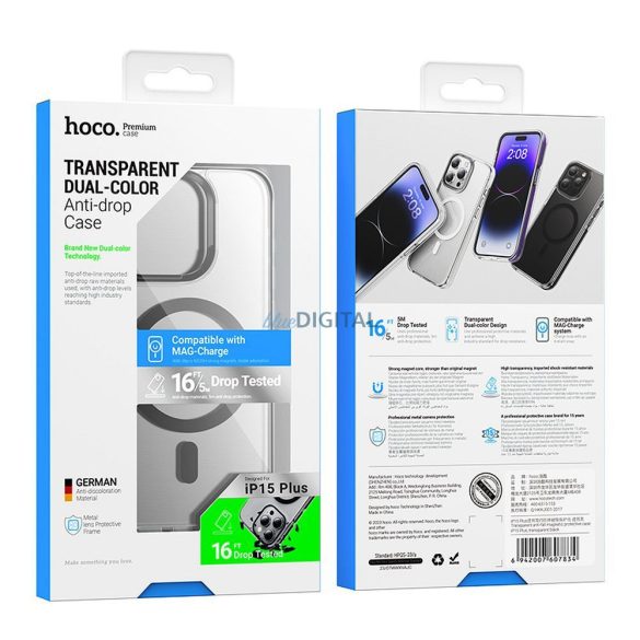HOCO AS6 leesésgátló tok Magsafe kompatibilis iPhone 15 átlátszó fekete