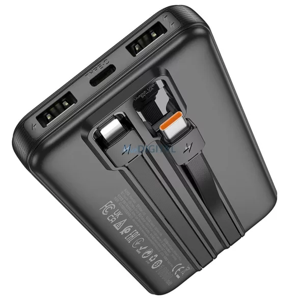 HOCO J118 powerbank 10 000mAh Type-C és Lightning kábellel - fekete