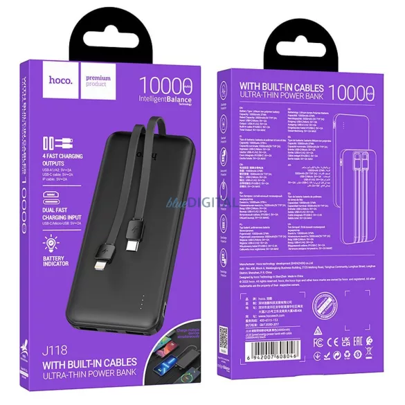 HOCO J118 powerbank 10 000mAh Type-C és Lightning kábellel - fekete