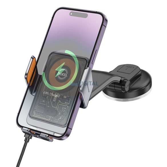 HOCO autós telefontartó a középkonzolra vezeték nélküli töltés 15W átlátszó HW8 fekete