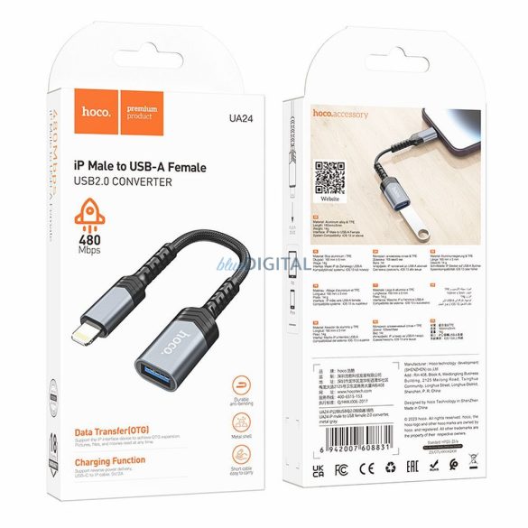 HOCO adapter iPhone Lightning 8 tűs (apa) USB (női) 3.0 UA24 fekete