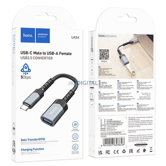 HOCO adapter Type-C (férfi) USB (női) 3.0 UA24 fekete