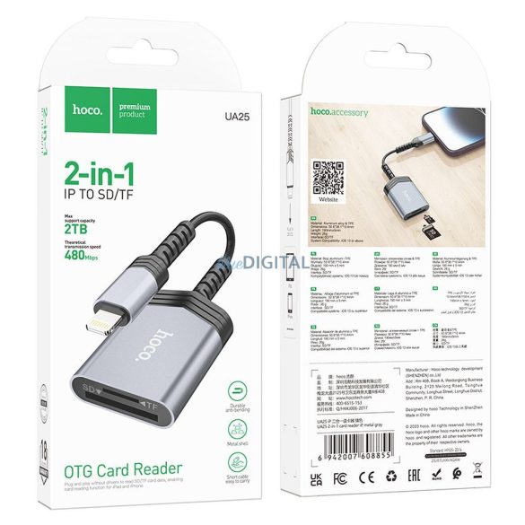 HOCO kártyaolvasó 2in1 iPhone Lightning 8-pin UA25 szürke