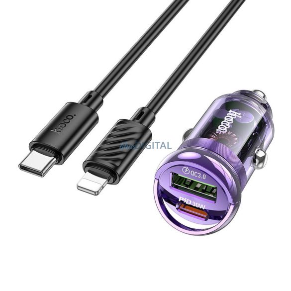HOCO autós töltő USB QC3.0 + Type-C + kábel Type-C Apple Lightning 8-pin PD 30W Z53A lila