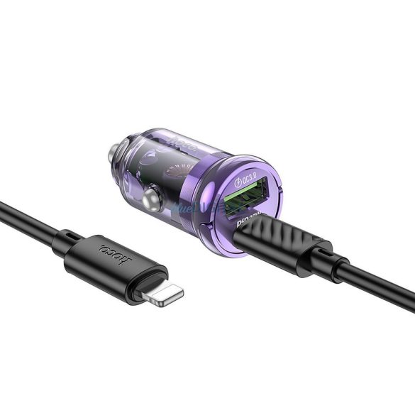 HOCO autós töltő USB QC3.0 + Type-C + kábel Type-C Apple Lightning 8-pin PD 30W Z53A lila