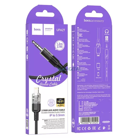 HOCO kábel AUX Audio Jack 3,5mm és Lightninng 8-pin UPA27 1,2m fekete