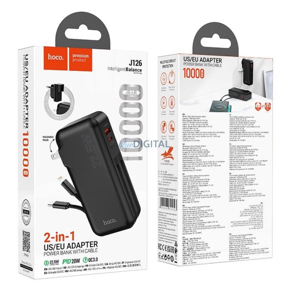 Hoco J126 powerbank 10000mAh 3A 22.5W QC PD beépített Type-C és Lightning kábellel, EU/US hálózati csatlakozóval fekete - fekete