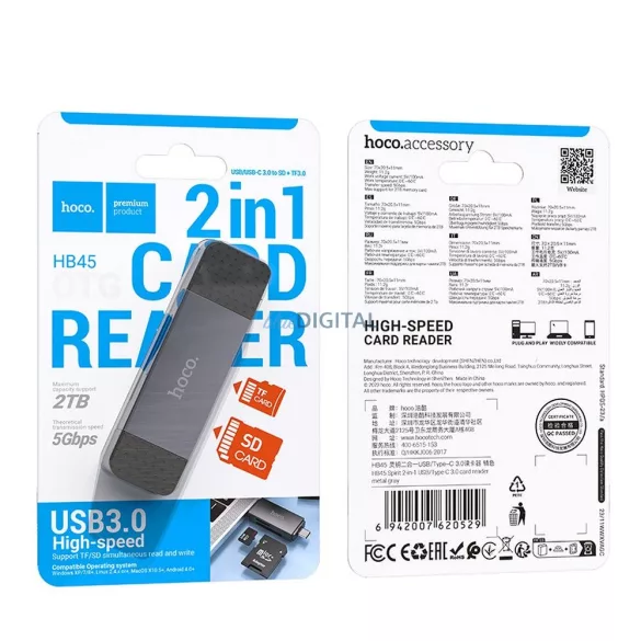 HOCO kártyaolvasó 2in1 USB A + C 3.0 tok - szürke