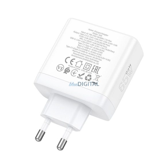 Hoco N30 hálózati töltő 1XUSB-A és 2xUSB-C csatlakozással QC PD 65W GaN - fehér