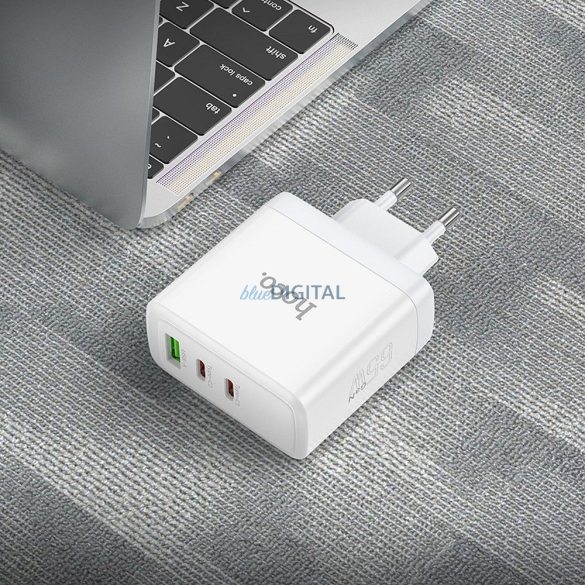 Hoco N30 hálózati töltő 1XUSB-A és 2xUSB-C csatlakozással QC PD 65W GaN - fehér