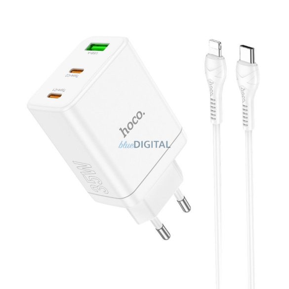 HOCO N33 hálózati töltő 1xUSB-A és 2xUSB-C csatlakozással és Type-C - Lightning kábellel 35W - fehér