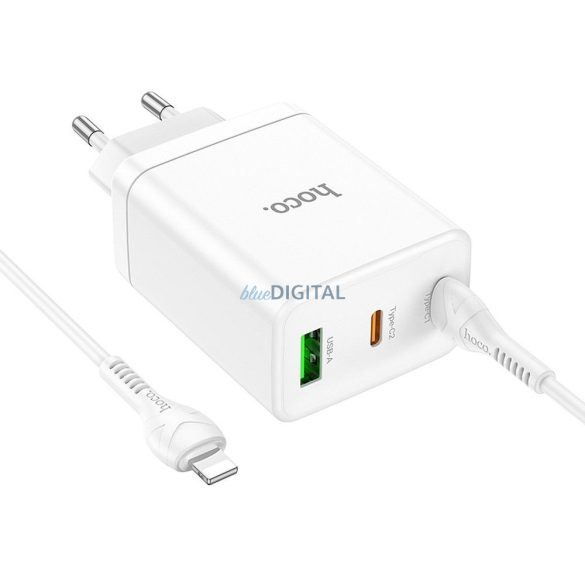 HOCO N33 hálózati töltő 1xUSB-A és 2xUSB-C csatlakozással és Type-C - Lightning kábellel 35W - fehér