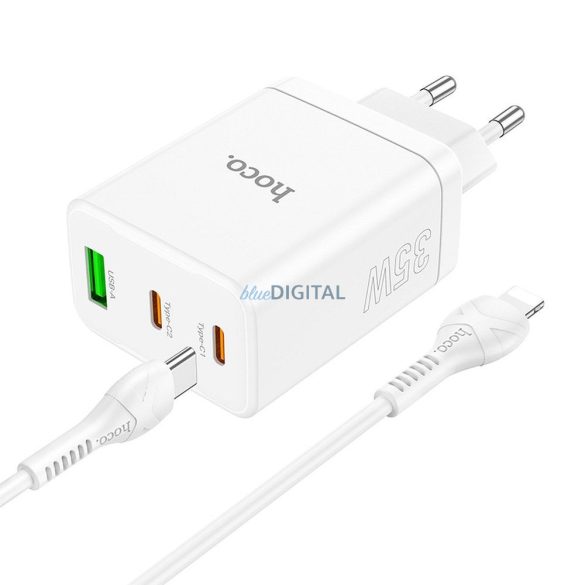 HOCO N33 hálózati töltő 1xUSB-A és 2xUSB-C csatlakozással és Type-C - Lightning kábellel 35W - fehér