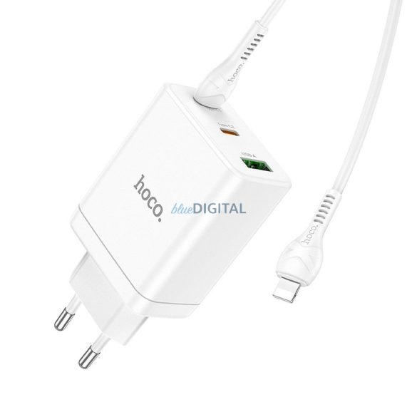 HOCO N33 hálózati töltő 1xUSB-A és 2xUSB-C csatlakozással és Type-C - Lightning kábellel 35W - fehér