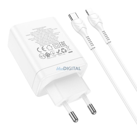 HOCO N33 hálózati töltő 1xUSB-A és 2xUSB-C csatlakozással és Type-C - Lightning kábellel 35W - fehér