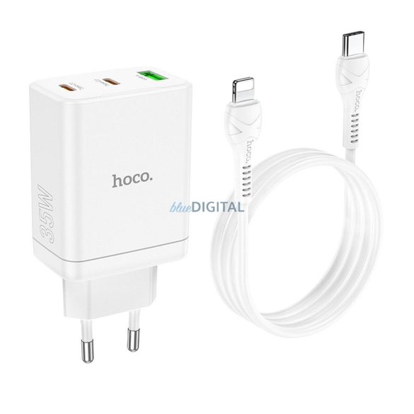 HOCO N33 hálózati töltő 1xUSB-A és 2xUSB-C csatlakozással és Type-C - Lightning kábellel 35W - fehér