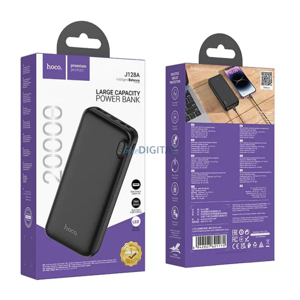 Hoco J128A powerbank 20000mAh 2A fekete - fekete