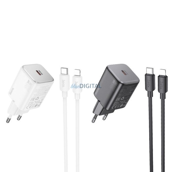 Hoco N40 hálózati töltő 1xUSB-C csatlakozással és Type-C - Lightning kábellel QC PD 20W - fekete