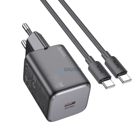 Hoco N40 hálózati töltő 1xUSB-C csatlakozással és Type-C - Type-C kábellel QC PD 20W - fekete