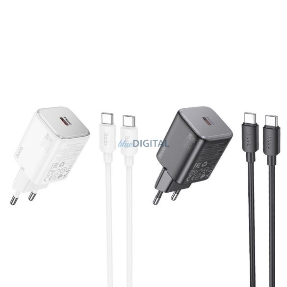 Hoco N40 hálózati töltő 1xUSB-C csatlakozással és Type-C - Type-C kábellel QC PD 20W - fekete