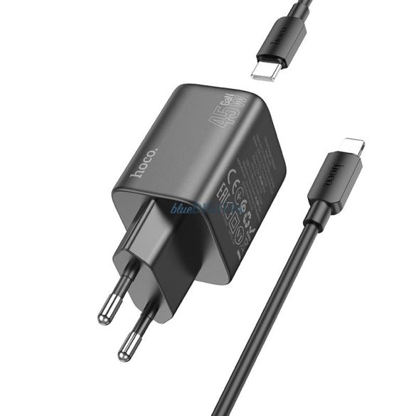 Hoco N42 hálózati töltő 2xUSB-C csatlakozással + Type-C - Lightning kábellel PD QC 45W GaN - fekete