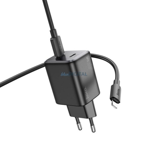 Hoco N42 hálózati töltő 2xUSB-C csatlakozással + Type-C - Lightning kábellel PD QC 45W GaN - fekete