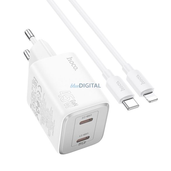 Hoco N42 hálózati töltő 2xUSB-C csatlakozással + Type-C - Lightning kábellel PD QC 45W GaN - fehér