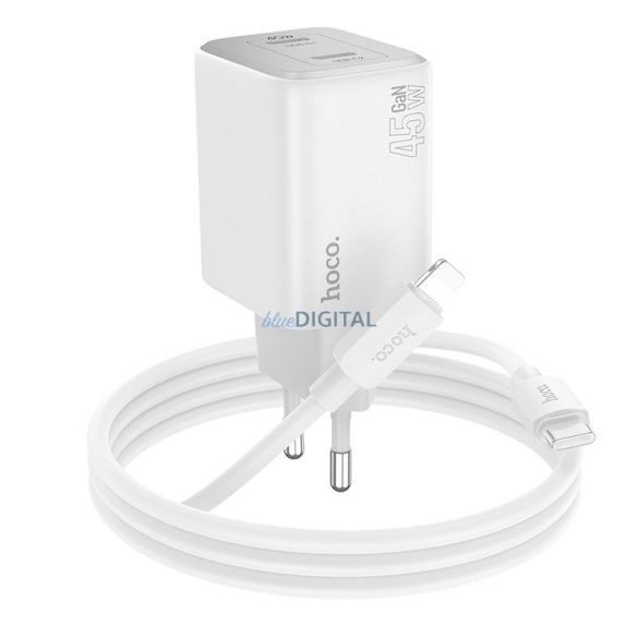 Hoco N42 hálózati töltő 2xUSB-C csatlakozással + Type-C - Lightning kábellel PD QC 45W GaN - fehér