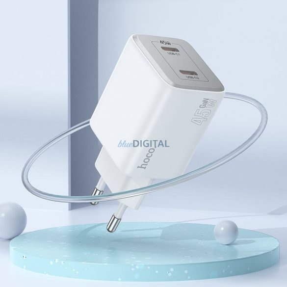 Hoco N42 hálózati töltő 2xUSB-C csatlakozással + Type-C - Lightning kábellel PD QC 45W GaN - fehér