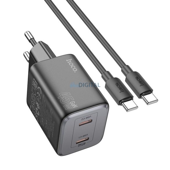 Hoco N42 hálózati töltő 2xUSB-C csatlakozással + Type-C - Type-C kábellel PD QC 45W GaN - fekete