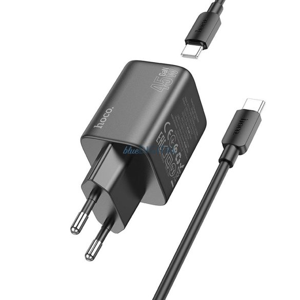 Hoco N42 hálózati töltő 2xUSB-C csatlakozással + Type-C - Type-C kábellel PD QC 45W GaN - fekete