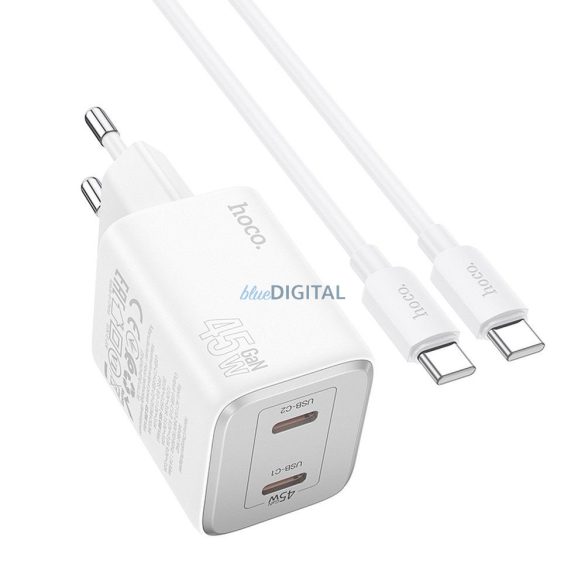 Hoco N42 hálózati töltő 2xUSB-C csatlakozással + Type-C - Type-C kábellel PD QC 45W GaN - fehér