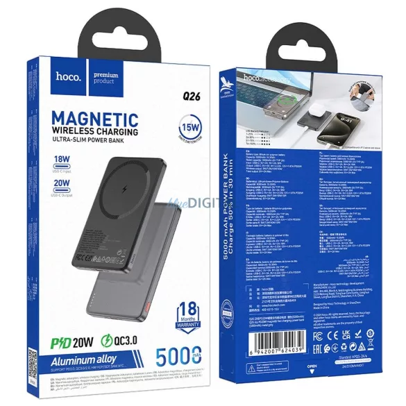 Hoco Q26 MagSafe-kompatibilis powerbank 5000mAh 2A 20W PD QC szürke - szürke