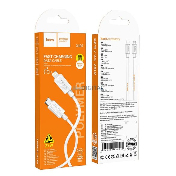 Hoco X107 Type-C - Lightning kábel PD 27W 1m - fehér