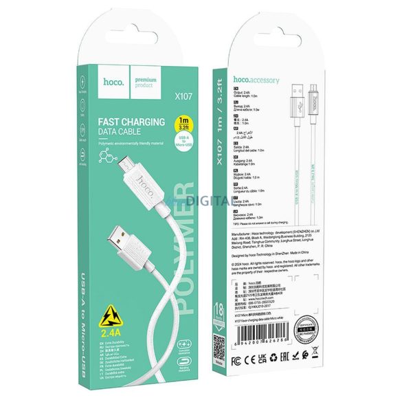 Hoco X107 USB-A - micro USB kábel 2.4A 1m - fehér